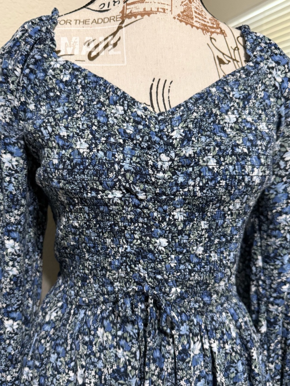 Hollister Blue Floral Smocked Waist Long Sleeve Dress